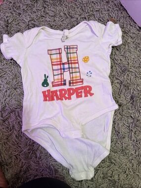 Personalized White Kids Bodysuit with Plaid Initial H and Red Name